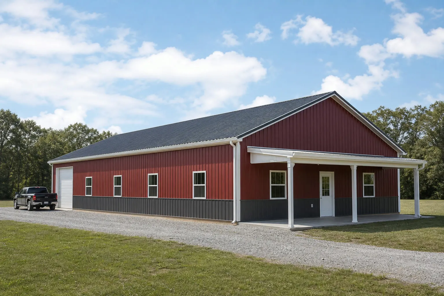 Example configuration of a steel-framed building with a covered porch on a rural site